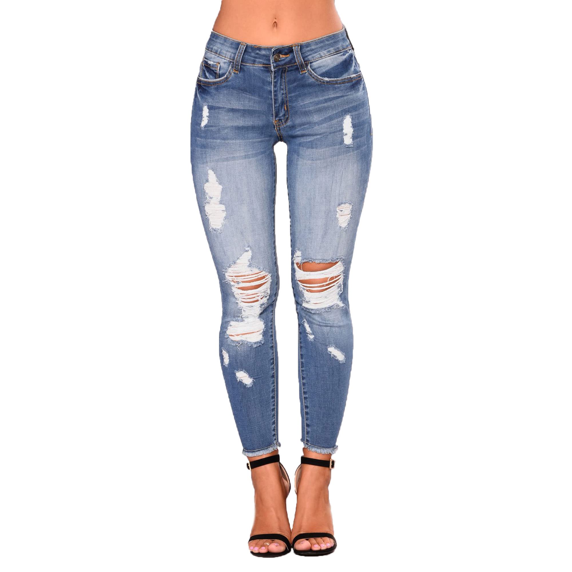 Ripped Women's Skinny Jeans - High Waist Hip Lifting Stretch Denim Pants for Casual Wear & Night Out
