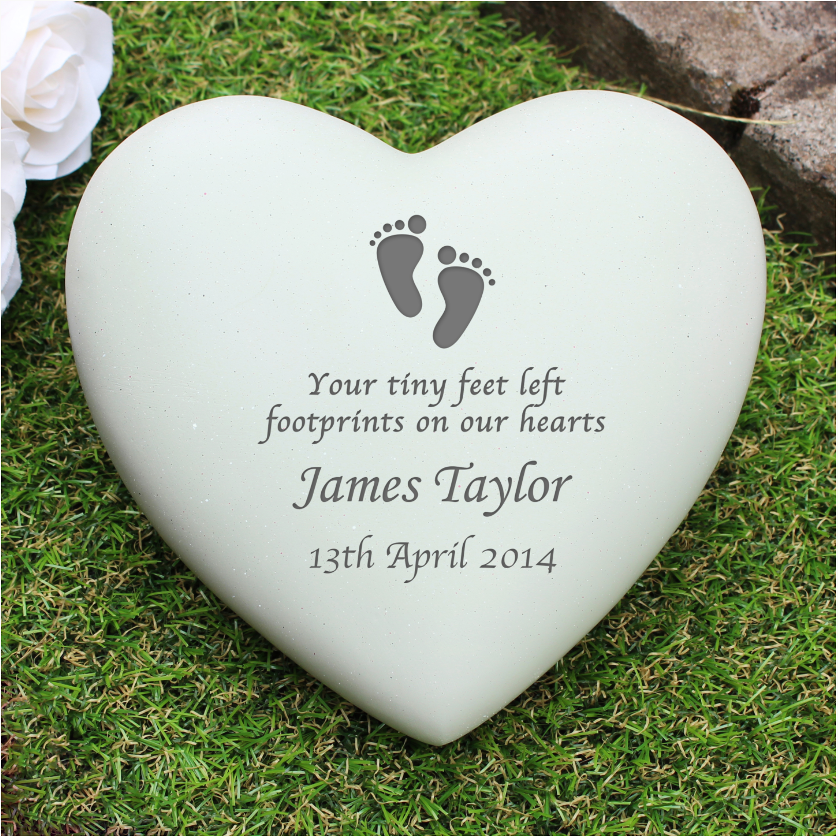 Personalized Heart-Shaped Memorial Stone with Footprints - Custom Engraved Grave Marker for Loved Ones - Perfect for Cemeteries, Gardens & Memorial Sites