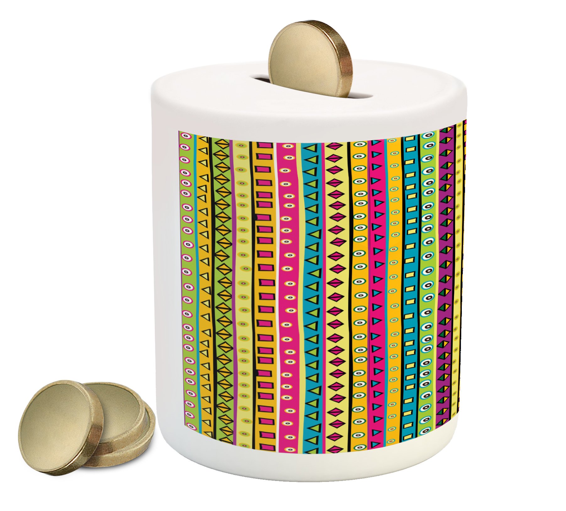 Ambesonne Retro Ceramic Piggy Bank - Colorful Striped Abstract Pattern with Triangles & Squares, Kaleidoscope Design Money Box for Cash Savings | Fun Home Decor for Kids Room, Office Desk & Gift Ideas