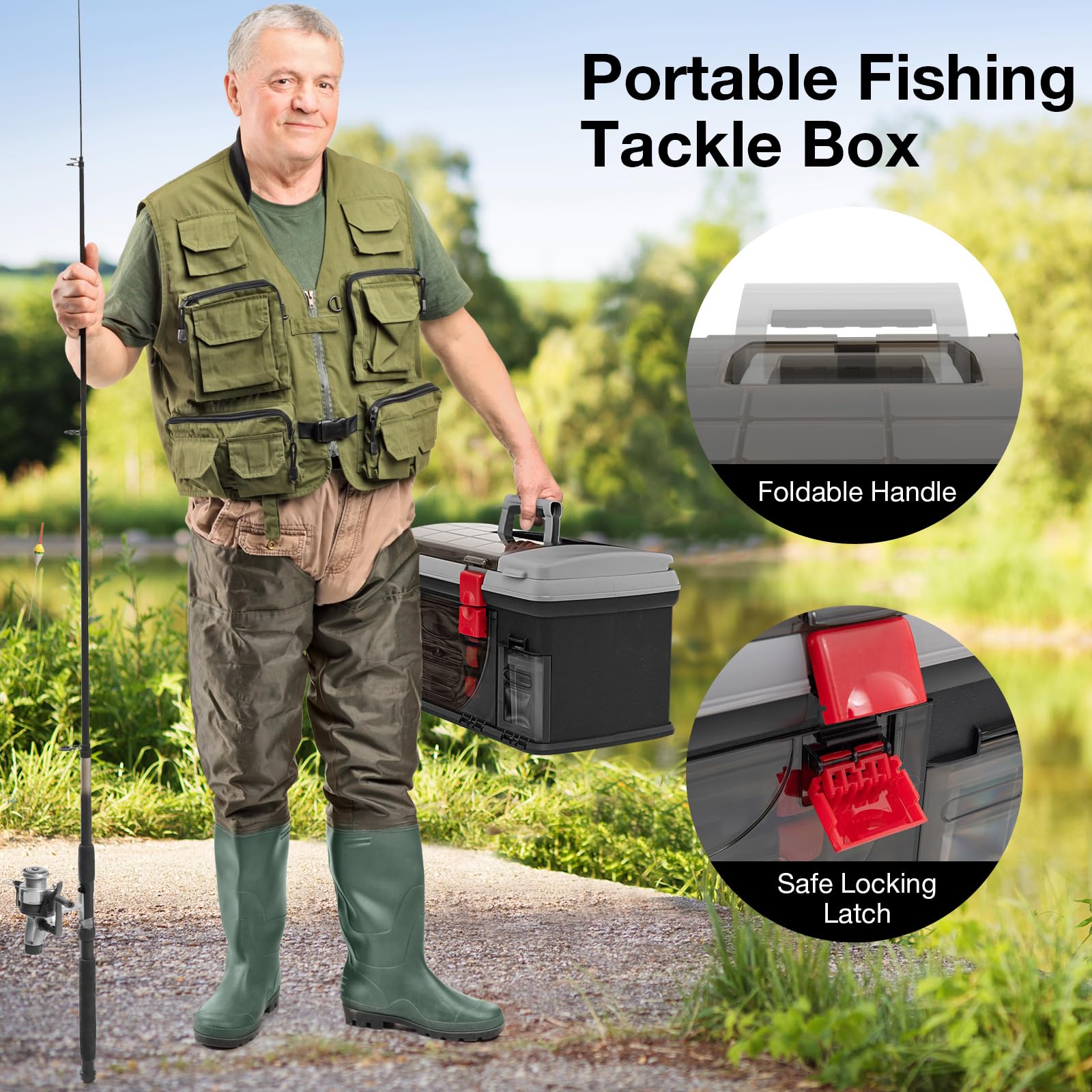 Goplus Large Fishing Tackle Box - Portable Waterproof Storage Organizer with 3 Adjustable Compartments, Side Storage & Double-Layer Top Compartment - Perfect for Fishing Gear, Camping Tools & Outdoor Equipment Organization