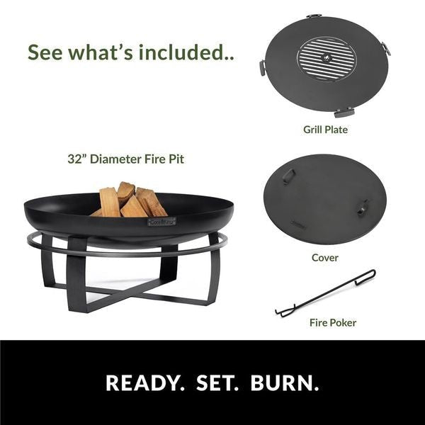 Viking 32-Inch Outdoor Fire Pit with Removable Grill Plate & Protective Cover - Perfect for Backyard Camping, Patio Gatherings & BBQ Parties