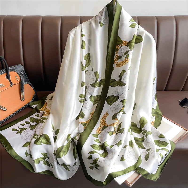 180x90cm Luxury Silk Scarf for Women - Floral Printed Large Shawl, Sun Protection Wrap, Soft Bandana, Hijab & Muffler - Perfect for Beach, Travel, and Formal Occasions