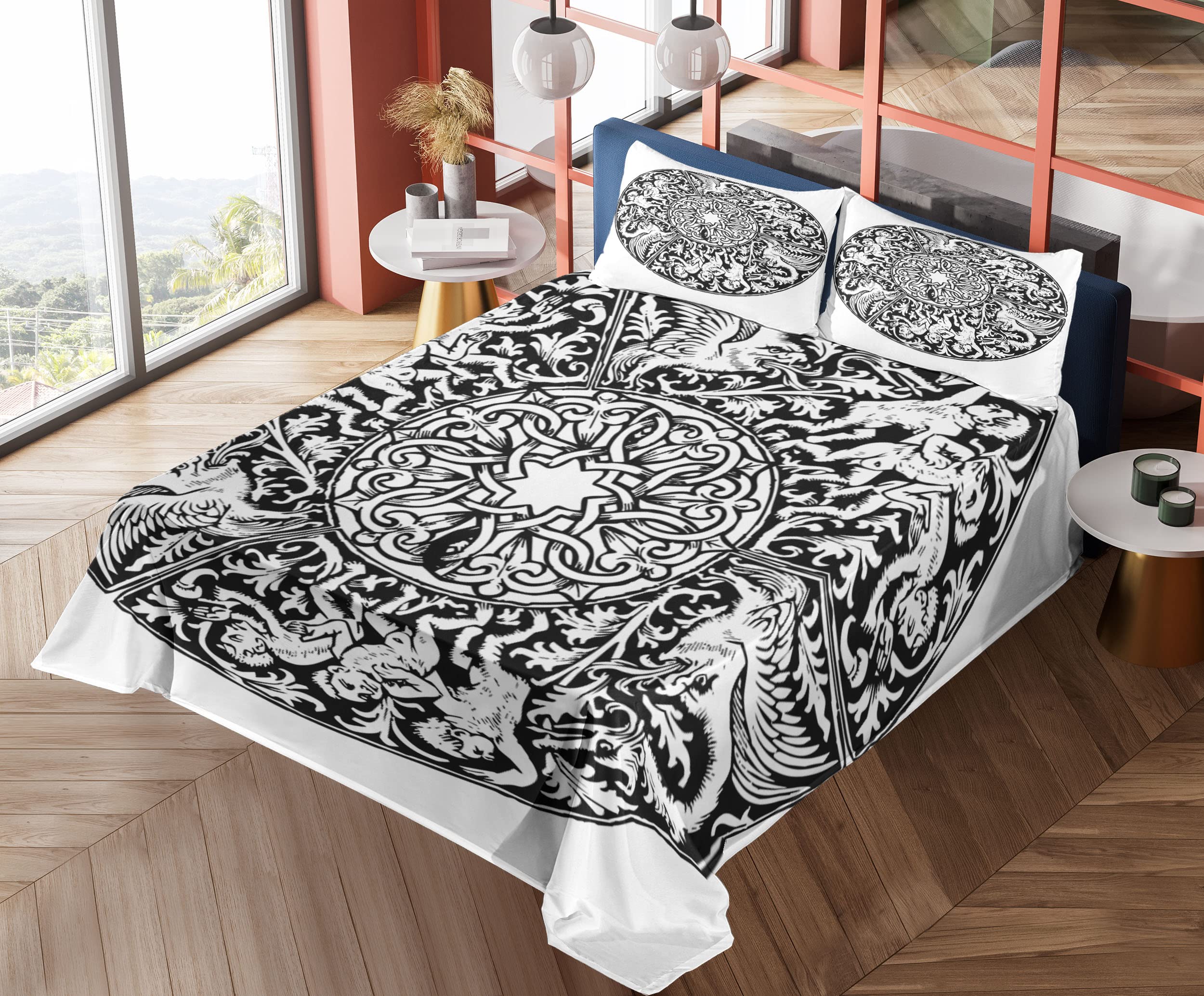 Gothic Bedding Set 4-Piece King Size - Renaissance Victorian Medieval Art Design, Black & White Fitted & Flat Sheets with Pillowcases | Perfect for Gothic Home Decor, Themed Bedrooms & Historical Reenactments
