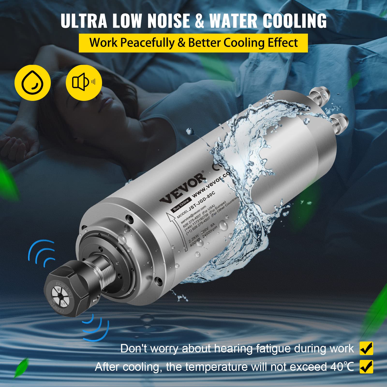 2.2KW Water Cooled CNC Spindle Motor Kit for Router, Engraving & Milling Machines - High Precision CNC Spindle for Woodworking, Metal Cutting & DIY Projects