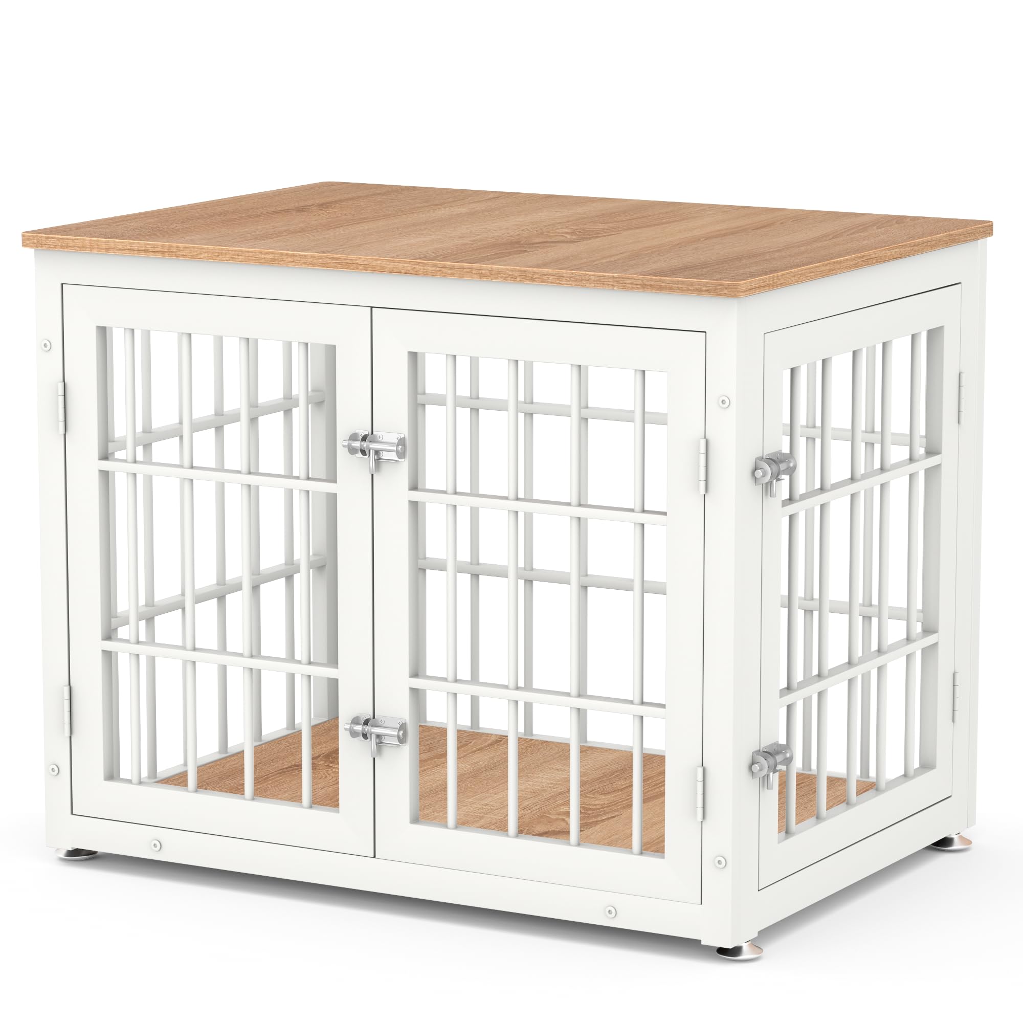 Heavy Duty Wooden Dog Crate Furniture for Small & Medium Dogs - Decorative Pet House End Table with Kennel - Indoor White & Natural Dog Cage for Living Room, Bedroom or Office