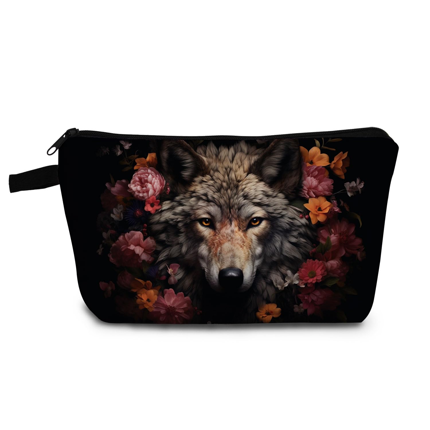 Floral Wolf Print Makeup Bag - Cute Small Zippered Cosmetic Organizer for Women | Perfect Birthday Gift for Wolf Lovers | Great for Travel, Gym & Daily Beauty Essentials