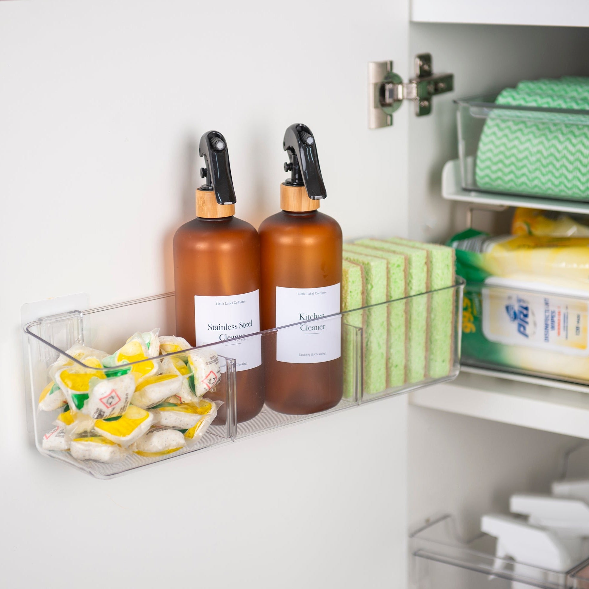 Clear Wall Mount Adhesive Storage Container with Dividers - Organize Kitchen, Bathroom & Office Supplies - Space Saving Solution for Home & Office