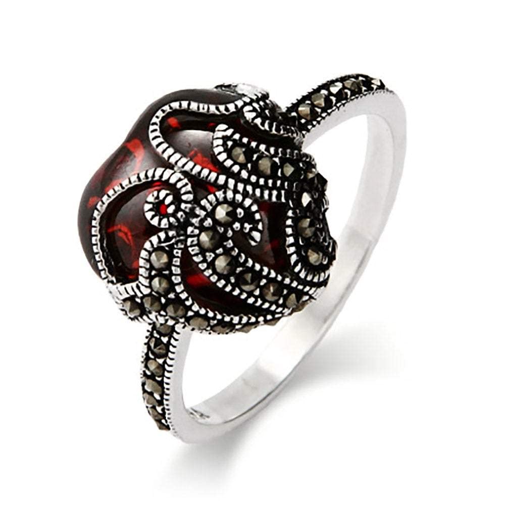 EVE'S ADDICTION Vintage Garnet Glass Heart Marcasite Ring - Elegant Heart Jewelry Gift for Mom, Wife, Valentine's Day - Perfect for Anniversaries, Birthdays & Romantic Occasions