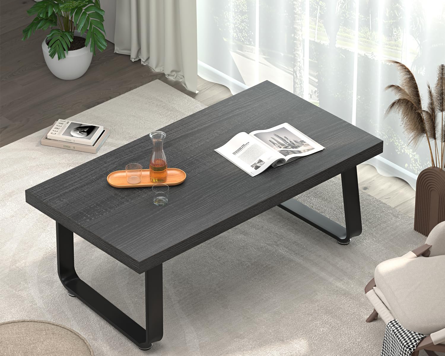 HSH Industrial Wooden Coffee Table - Modern Minimalist Rectangular Center Table with Wood & Metal Legs, Dark Gray Oak, 47 Inch - Perfect for Living Room, Bedroom & Home Office | Cocktail Table, Tea Table, Accent Table for Stylish Home Decor