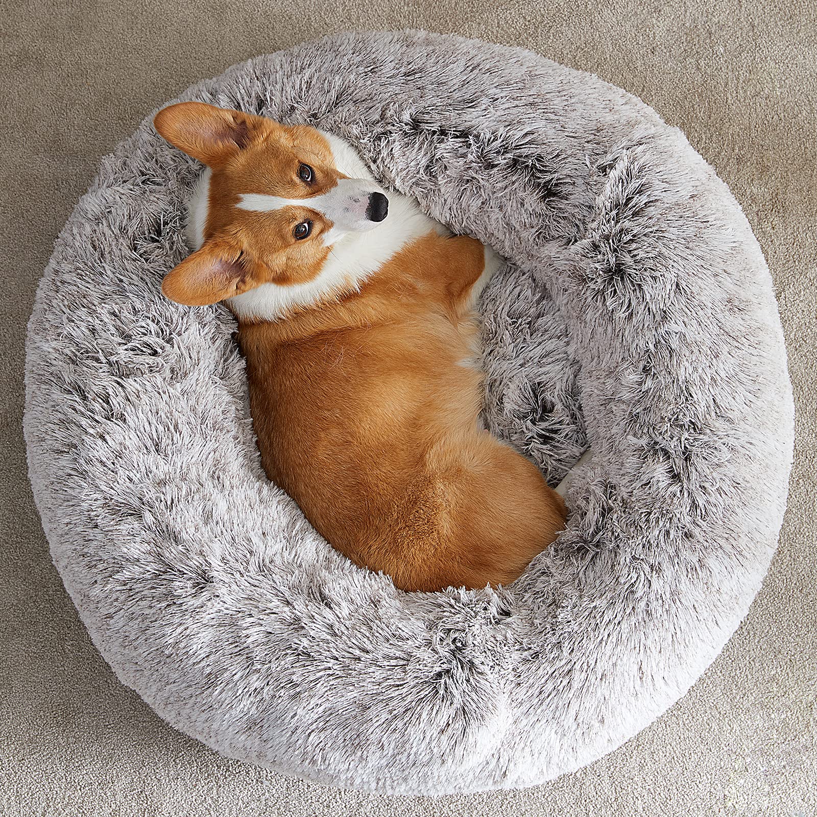 WNPETHOME Calming Donut Dog Bed & Cat Bed - Anti-Anxiety Pet Bed with Fluffy Faux Fur, 24x24 Inch Small Pet Cushion in Light Coffee - Perfect for Puppies, Kittens & Anxious Pets in Home, Office or Travel