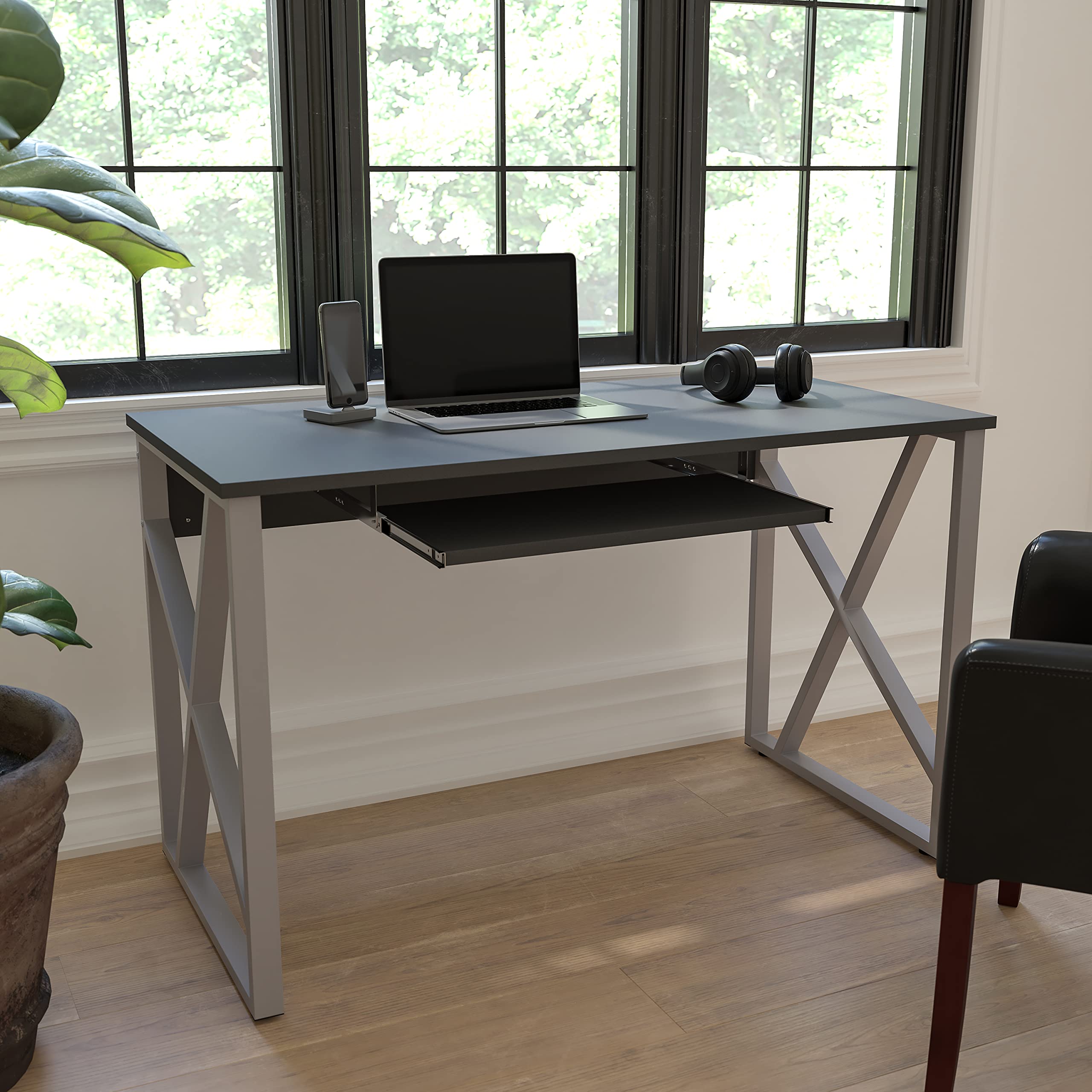 EMMA & OLIVER Black Pull-Out Keyboard Computer Desk with Sturdy Cross-Brace Frame - Perfect for Home Office, Gaming Setup & Small Spaces