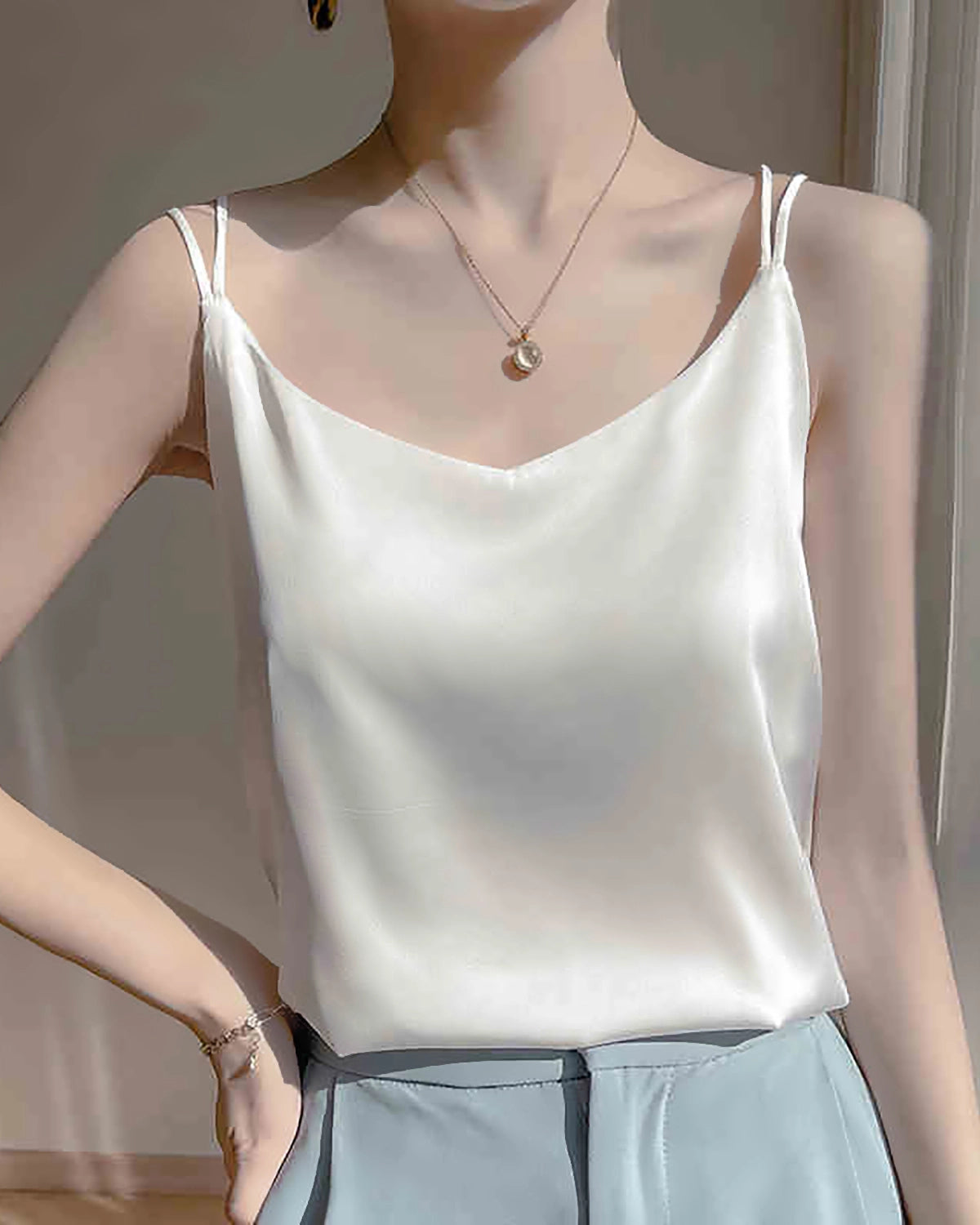 Silk Spaghetti Strap Cross Back Camisole Top for Women - Elegant Satin Sleepwear & Loungewear for Date Night or Relaxing at Home
