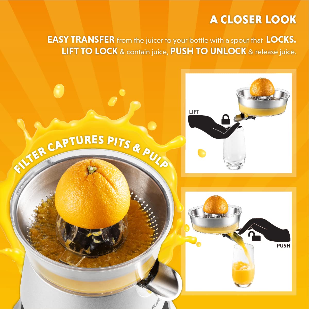 Eurolux Electric Orange Juicer Squeezer - High Efficiency Citrus Press for Fresh Juice (Renewed) - Perfect for Breakfast, Brunch & Healthy Home Juicing