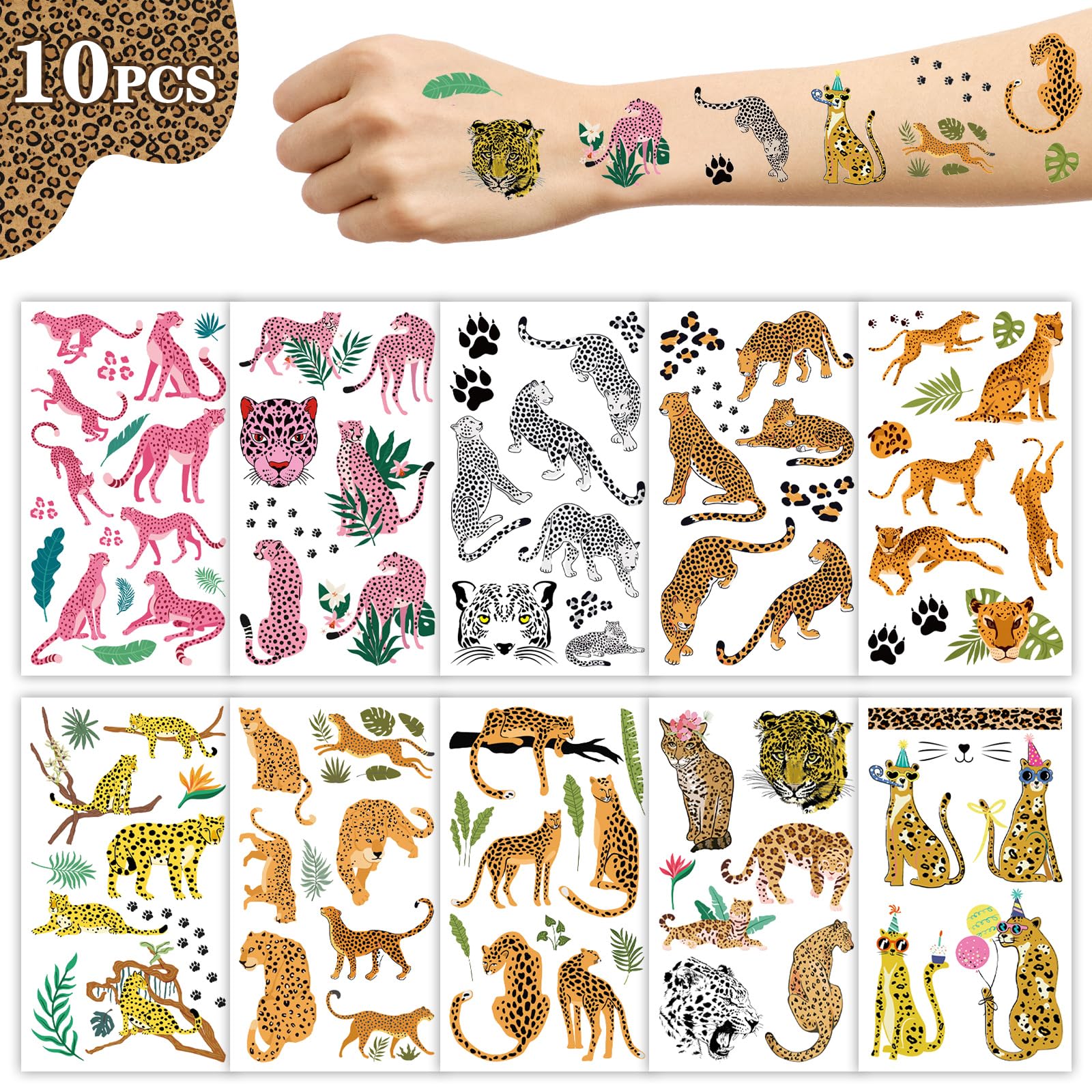 Konsait Cheetah Print Temporary Tattoos - 10 Sheets, Pink & Yellow Animal Print Stickers for Cheetah Birthday Party Decorations, Kids Party Favors, Wild Safari Theme Events & Costume Accessories