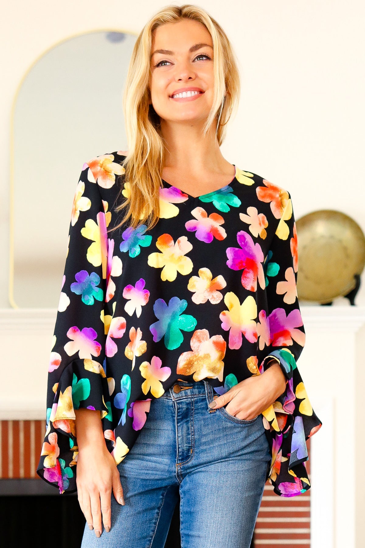 Be Bold Black Floral Hi-Lo Ruffle Sleeve Woven Blouse | Women's Fashion Tops for Party, Date Night & Special Occasions