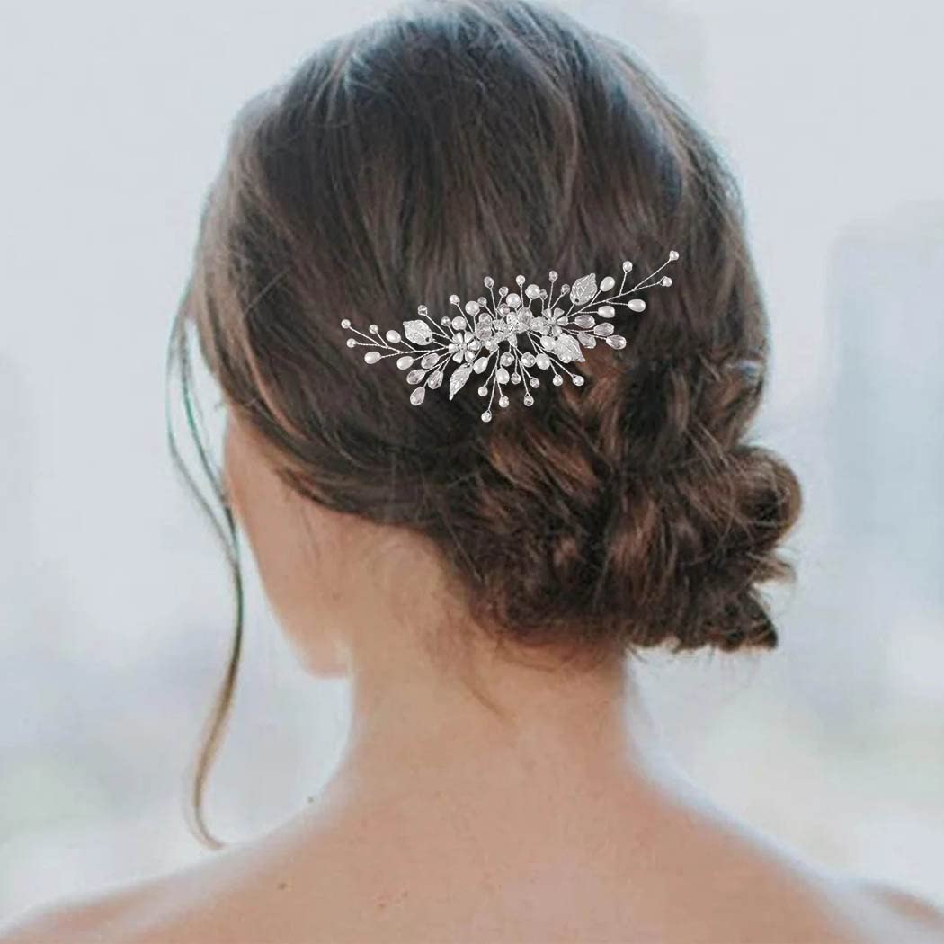 Vintage Silver Pearl Bridal Hair Comb with Floral Leaves - Elegant Wedding Hair Accessories for Women & Girls | Perfect for Brides, Prom, and Special Occasions