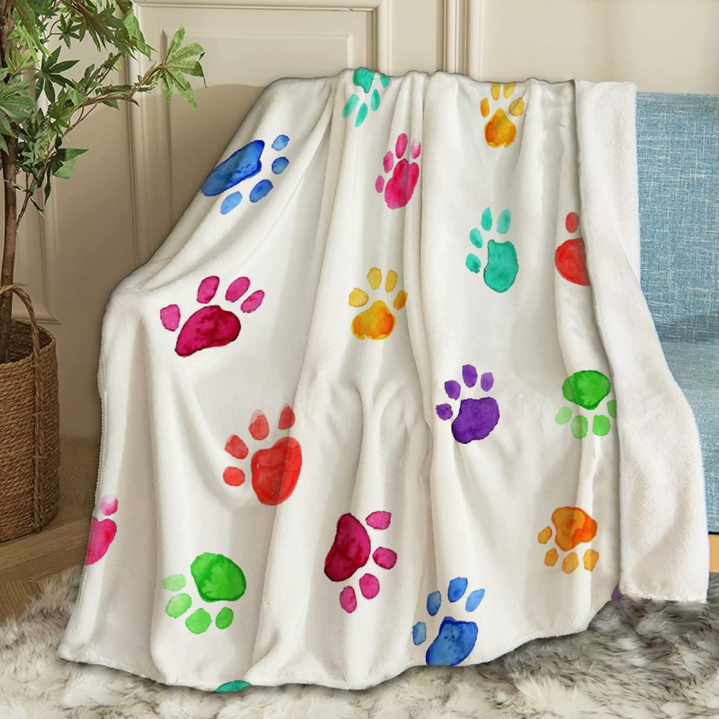**Colorful Dog Paw Watercolor Fleece Throw Blanket - Super Soft 120