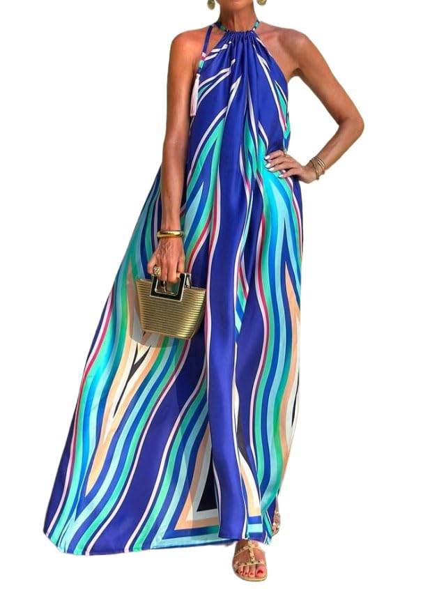 UOOZEE Women's Flowy Boho Maxi Dress - Cute Print Halter Sleeveless Loose A-Line Sun Dress for Beach Vacation, Summer Party & Casual Outings