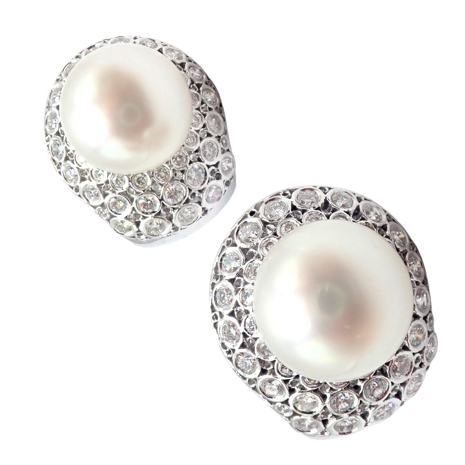 Vintage 18K White Gold Diamond & 13mm Pearl Earrings for Women - Elegant Pearl Jewelry for Weddings, Parties & Special Occasions