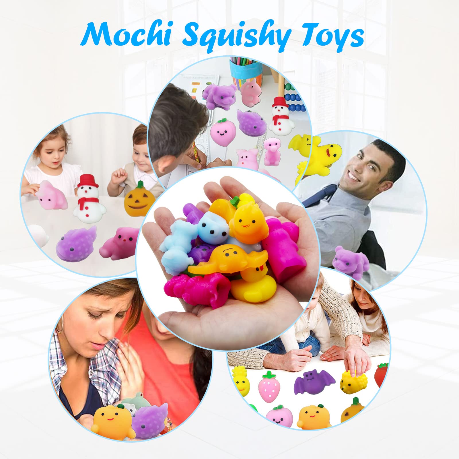 100 Pack Mini Mochi Squishy Toys - Stress Relief Fidget Toys for Kids & Adults, ADHD Sensory Toys, Party Favors, Birthday Goodie Bag Stuffers, Classroom Prizes, Carnival Treasure Box Toys - Perfect for Stress Relief, Party Gifts & School Rewards