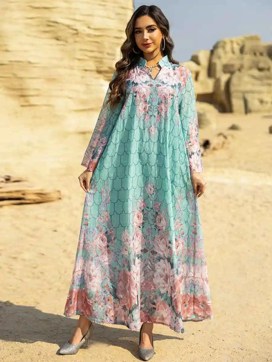 Elegant Eid Dress for Women - Embroidered Caftan Kaftan with Floral Print #25463 - Perfect for Eid Celebrations, Weddings & Special Occasions
