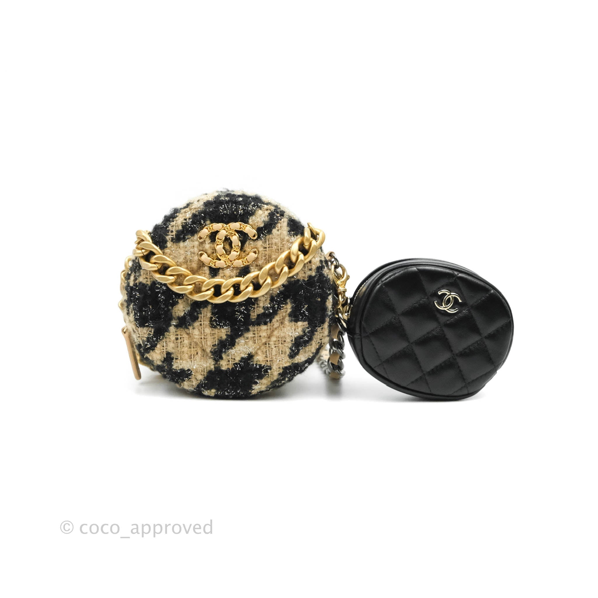 Chanel 19 Houndstooth Tweed Clutch Bag with Chain Strap & Coin Purse - Beige and Black Checkered Pattern for Women's Evening Out & Special Occasions