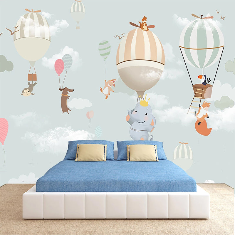 Animals Flying on Hot Air Balloons Nursery Wallpaper - Whimsical Kids Room Decor for Baby Boy & Girl Bedroom, Playroom, or Daycare
