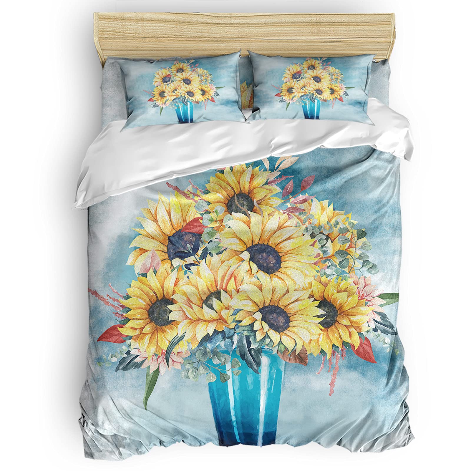 AXMSYun 4-Piece Sunflower & Plant Vase Duvet Cover Set - Luxury Gradient Oil Painting Quilt Cover with Hidden Zipper, Soft Bedding for Full Size Bed | Perfect for Kids & Adults Bedrooms, Boho Chic Home Decor