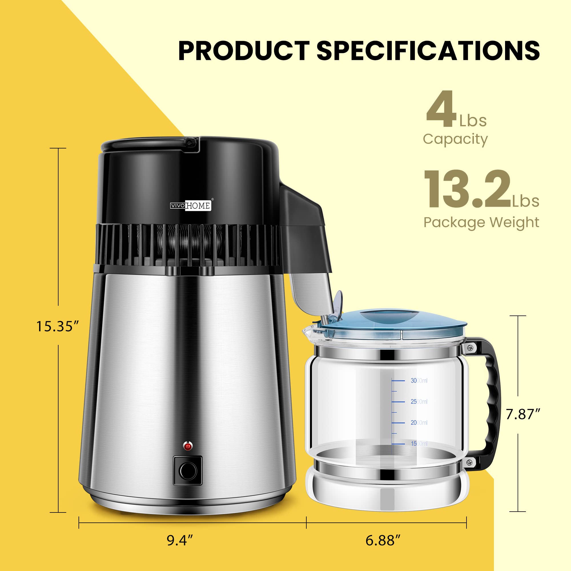 VIVOHOME 1.1 Gallon/4L Countertop Water Distiller - 304 Stainless Steel Water Purification System with Smart Switch for Home & Office Use - Perfect for Drinking, Cooking, Baby Formula, and Humidifiers