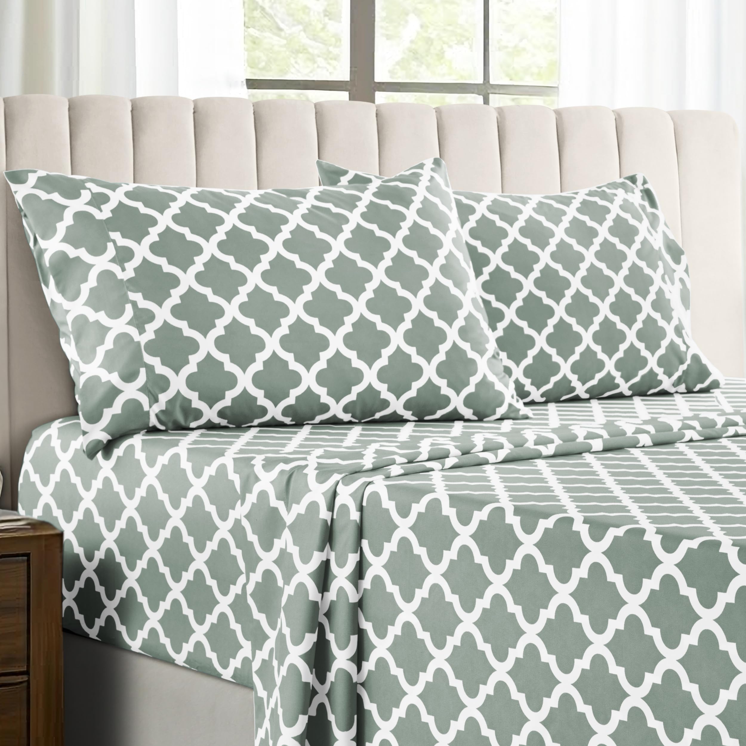 Lux Decor California King Size Bed Sheets Set - 4-Piece Cooling Breathable Microfiber Sheets with Deep Pockets | Hotel Style, Soft & Wrinkle-Free | OEKO-TEX Certified Quatrefoil Design (Grey) - Perfect for Hot Sleepers & Luxury Bedroom Decor