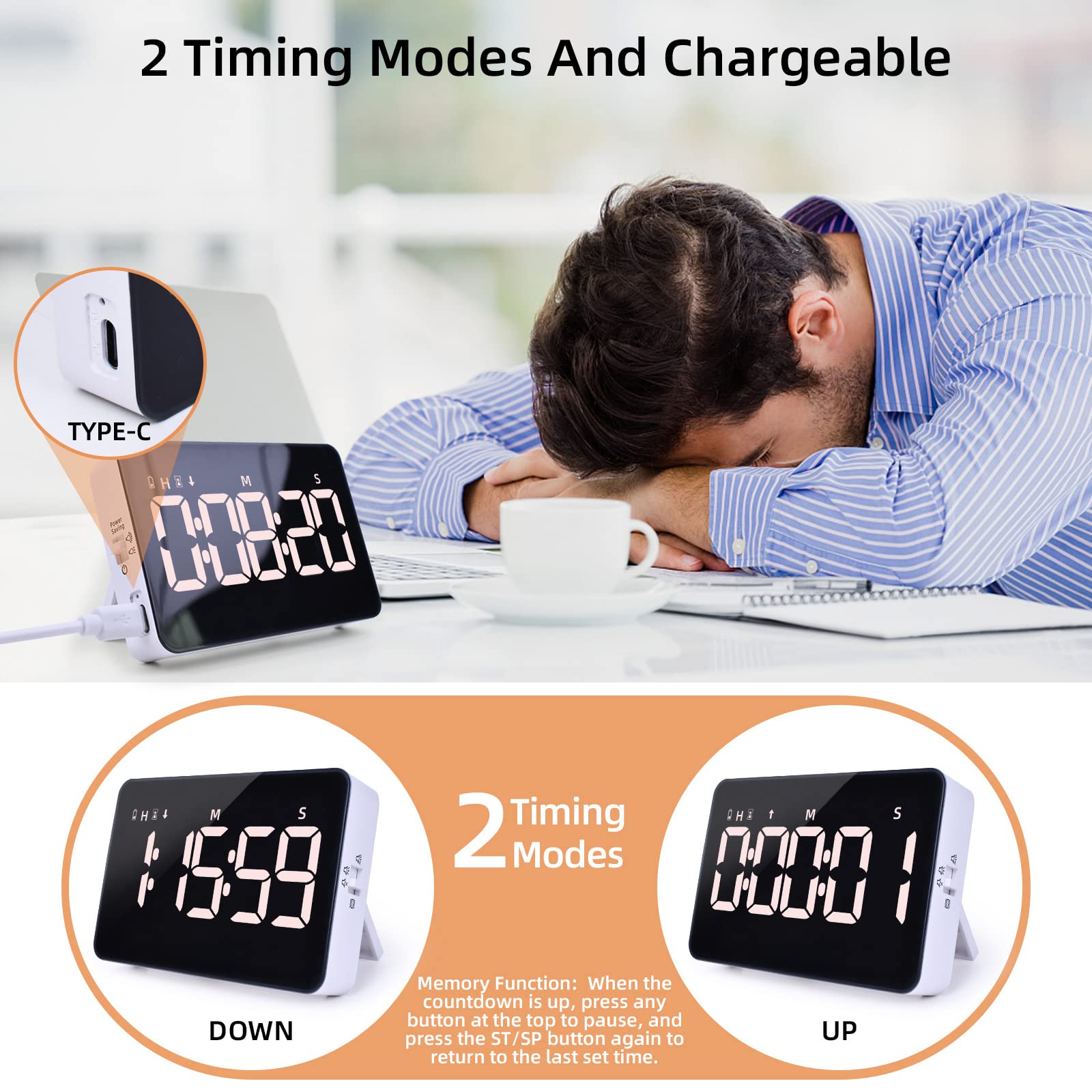 Rechargeable Digital Kitchen Timer with Magnetic Back - Countdown/Countup, 5