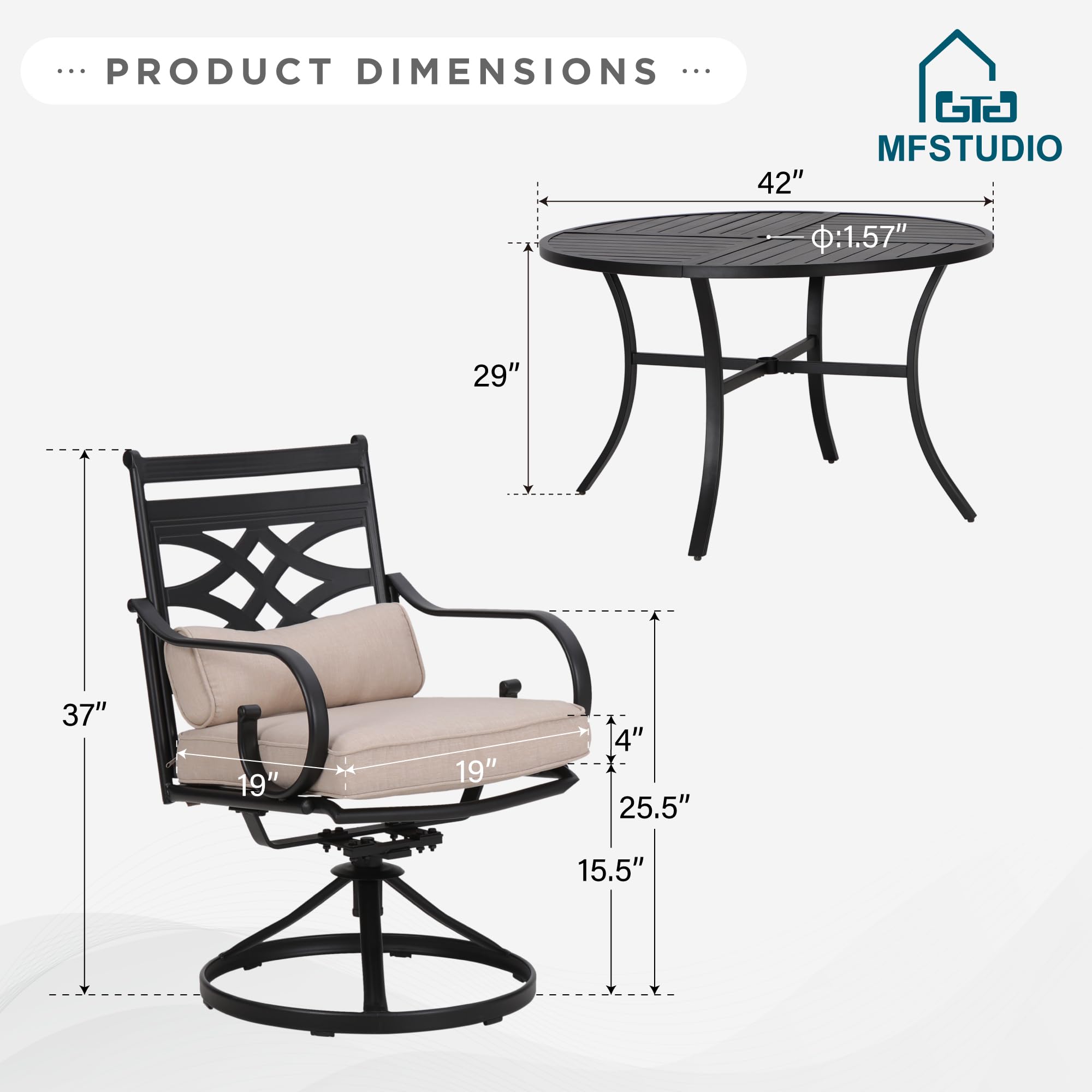 MFSTUDIO 5-Piece Outdoor Patio Dining Set with 4 Swivel Chairs & 1 Round Table - All-Weather Heavy Duty Black Metal Frame - Perfect for Backyard, Garden, Deck or Poolside Dining