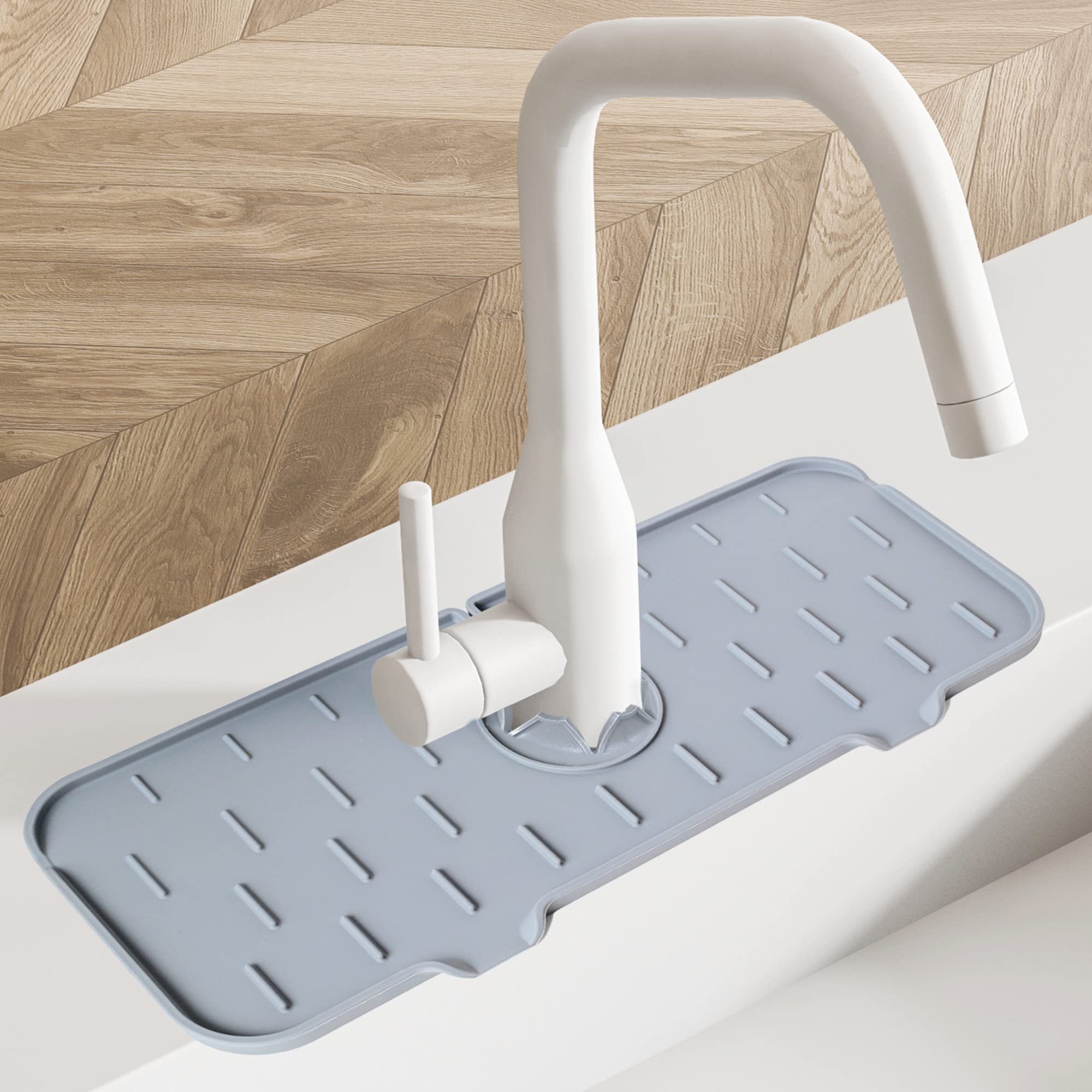 Self-Draining Silicone Faucet Mat for Kitchen Sink - Adjustable Depth Splash Guard & Drip Catcher to Prevent Hard Water Stains | Perfect for Protecting Countertops from Splashes & Mineral Deposits