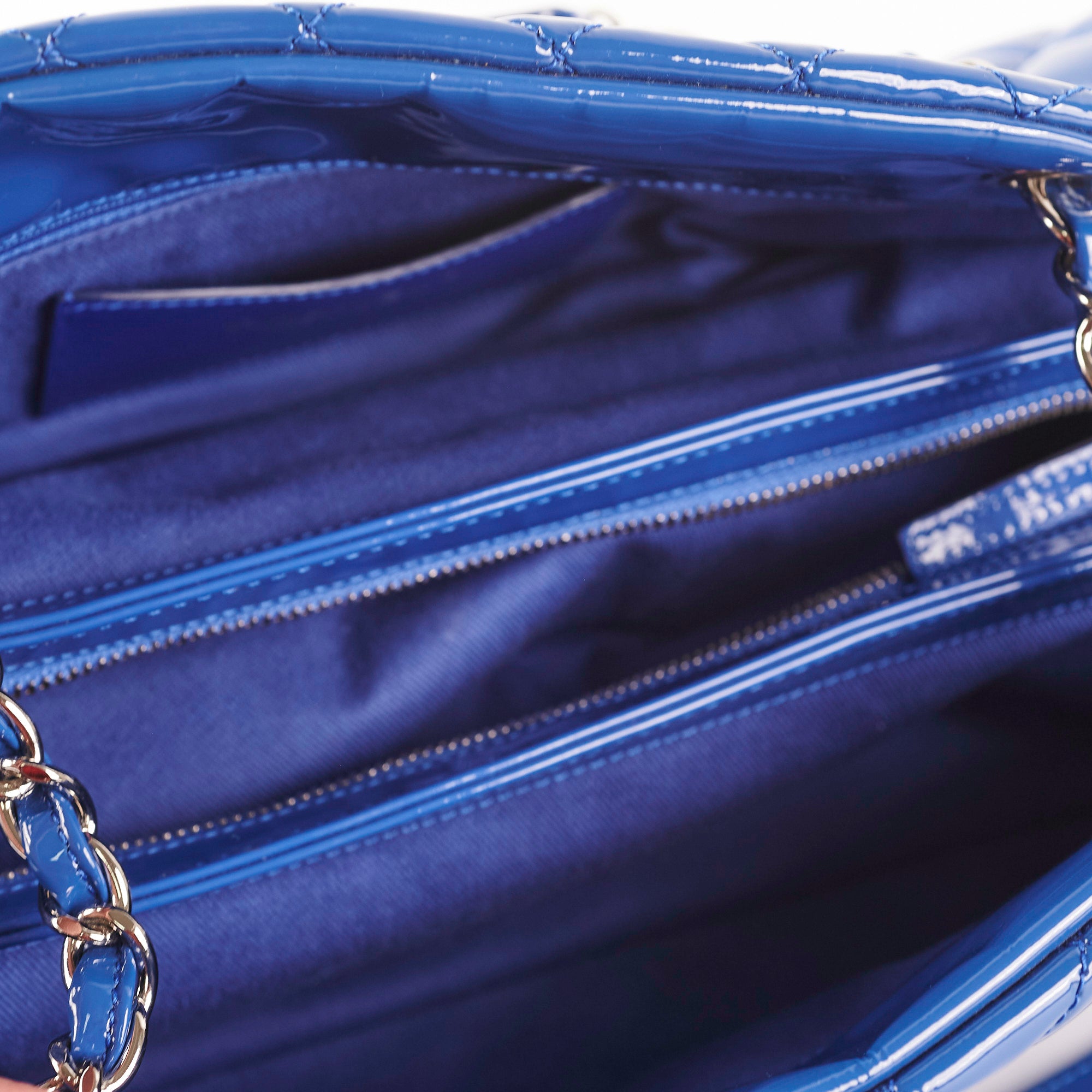 Chanel Just Mademoiselle Patent Leather Blue Bowler Handbag for Women | Luxury Designer Crossbody Purse for Evening Parties & Special Occasions