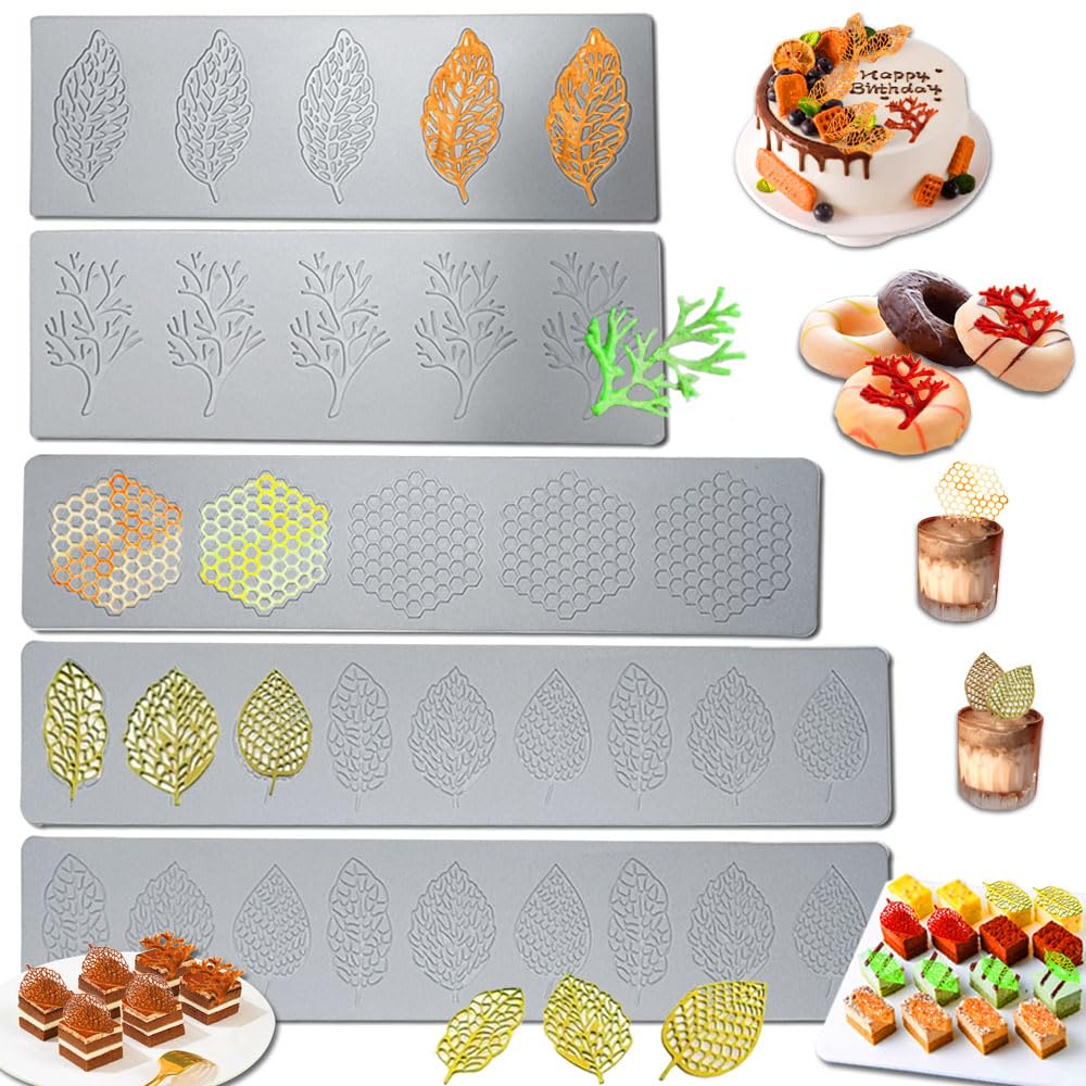 5PCS Silicone Leaf Molds for Baking - Fondant Chocolate Molds Set with 3D Beehive Candy Lace Silicone Molds - Perfect for Sugar Craft, Cupcakes, Cake Decorating, and DIY Dessert Making