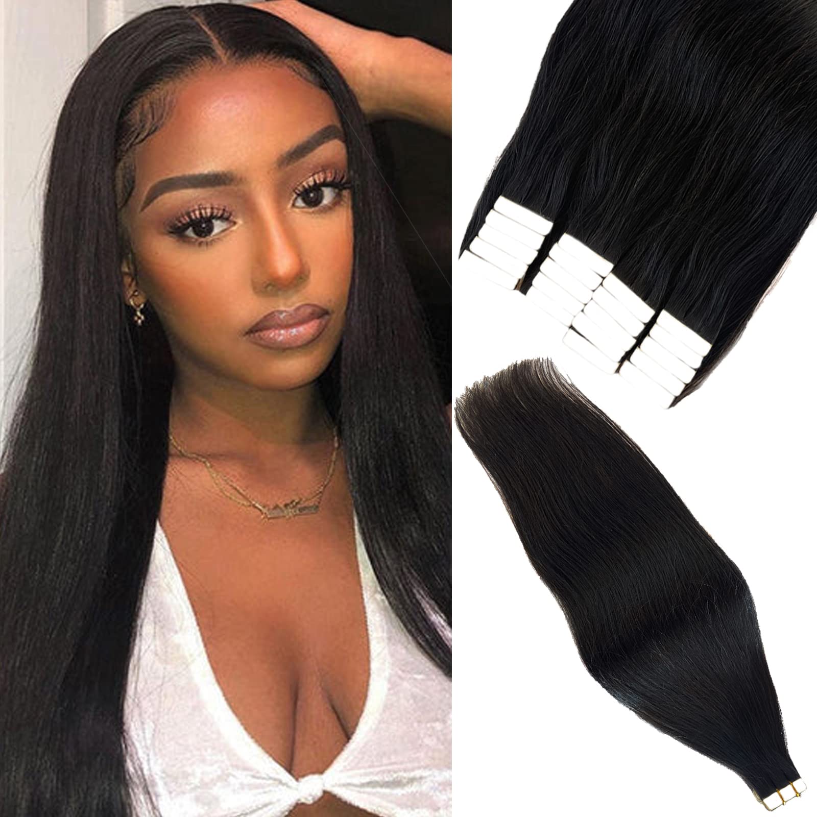 24 Inch Double Sided Remy Human Hair Tape-in Extensions for Black Women - Natural Color 20pcs/50g for Short Hair - Perfect for Daily Styling, Parties & Special Occasions