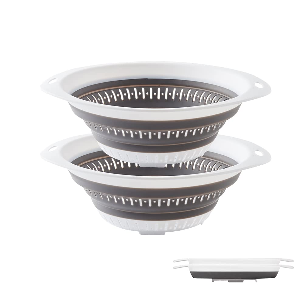 2-Pack Collapsible Silicone Colander - BPA Free, Dishwasher Safe Food Strainer for Pasta, Vegetables & Fruits - Quick Drainage, Space Saving Design - Perfect for Kitchen, Camping & Travel (Gray)