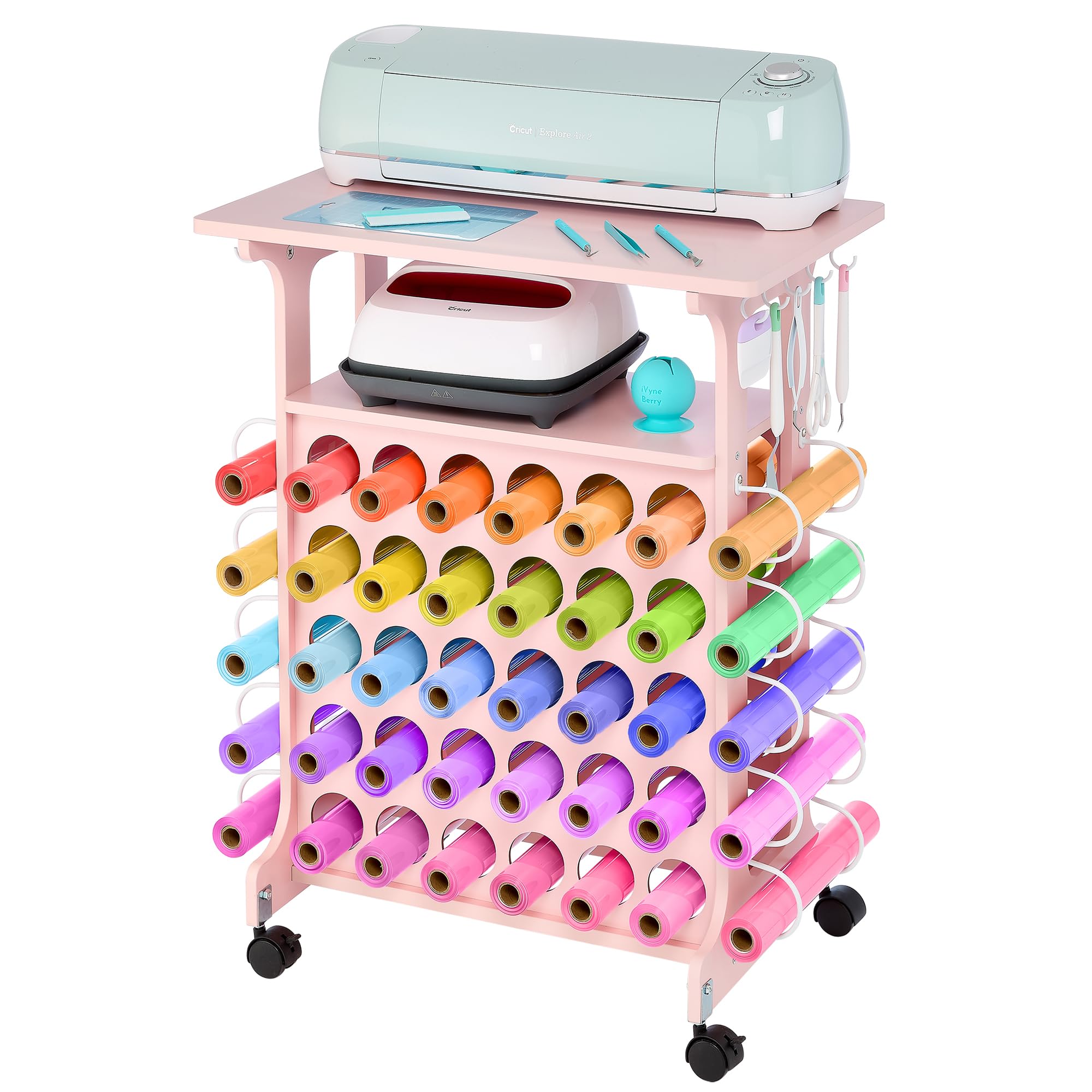 iVyne Vinyl Storage Cart - 40 Vinyl Roll Holders for Cricut Organization, Compact Craft Cart with Wheels & Tool Holders - Compatible with All Cricut Machines - Perfect for Craft Rooms, DIY Projects & Home Decor - Pink