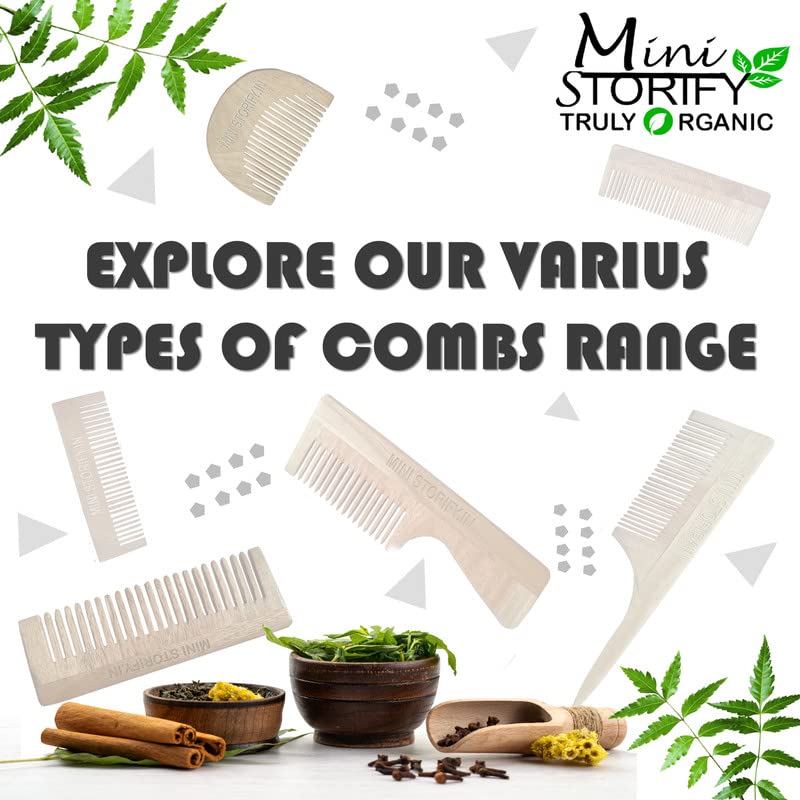 Mini Storify – Natural Kacchi Neem Wood Comb for Hair Growth & Scalp Care - Pack of 2 Handmade Wooden Combs for Women & Men - Anti-Dandruff & Hair Fall Control - Pocket & Handle Comb for Daily Hair Care, Travel & Ayurvedic Hair Treatment
