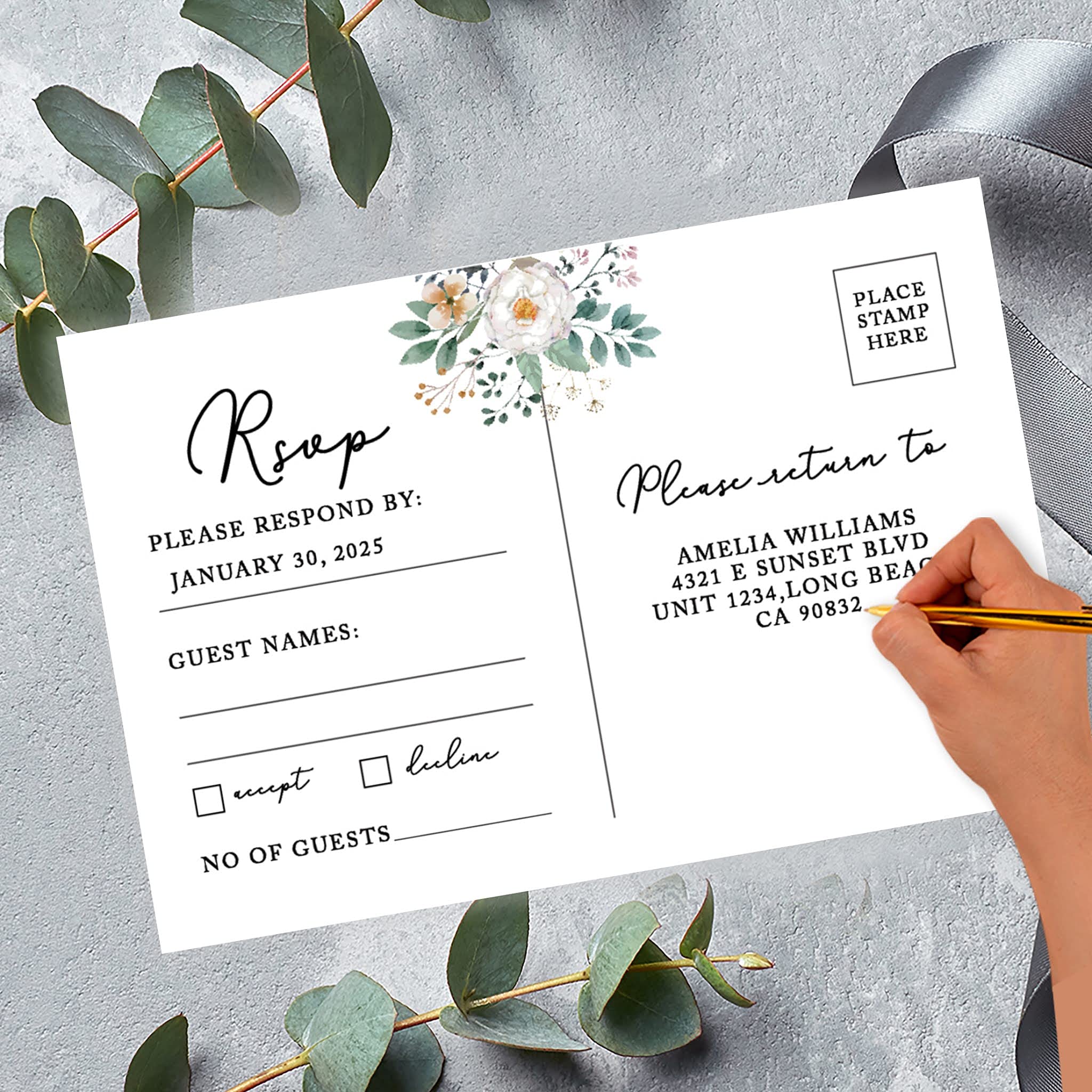 Personalized RSVP Postcards 56-Pack - Custom Wedding, Bridal Shower & Baby Shower Invitation Cards - Spring Floral Design on Premium Cardstock - 4x6 Inch Response Cards with Custom Date & Return Address - Perfect for Weddings, Birthdays & Special Events
