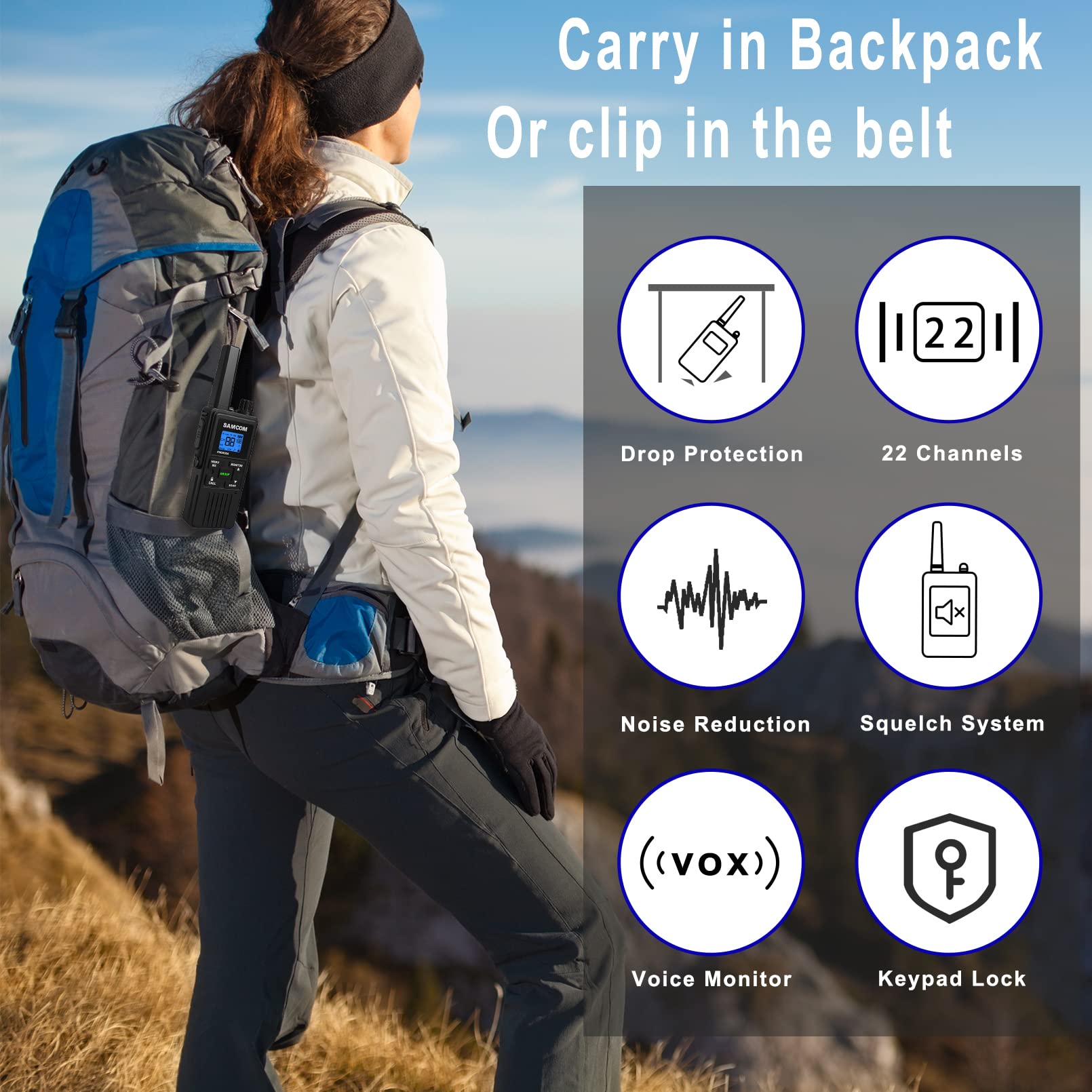 4 Pack Long Range Walkie Talkies for Adults - Rechargeable FRS Two Way Radios with NOAA Weather Alert, VOX, SCAN, Group Call, Flashlight & USB Charger - Perfect for Hiking, Camping, Construction and Outdoor Adventures