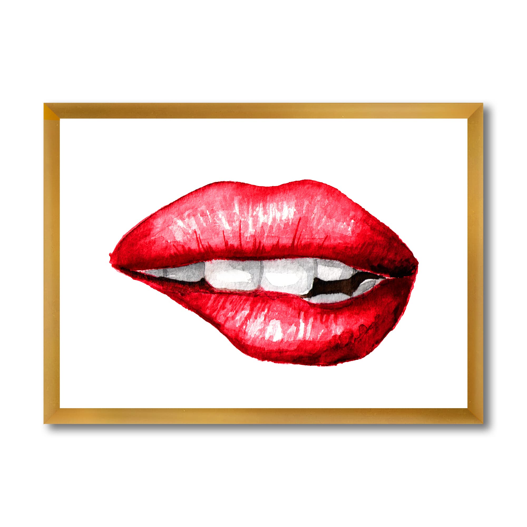 DesignQ Modern Framed Wall Art - Sexy Plump Puffy Woman Lips Biting Painting for Bedroom & Living Room Decor
