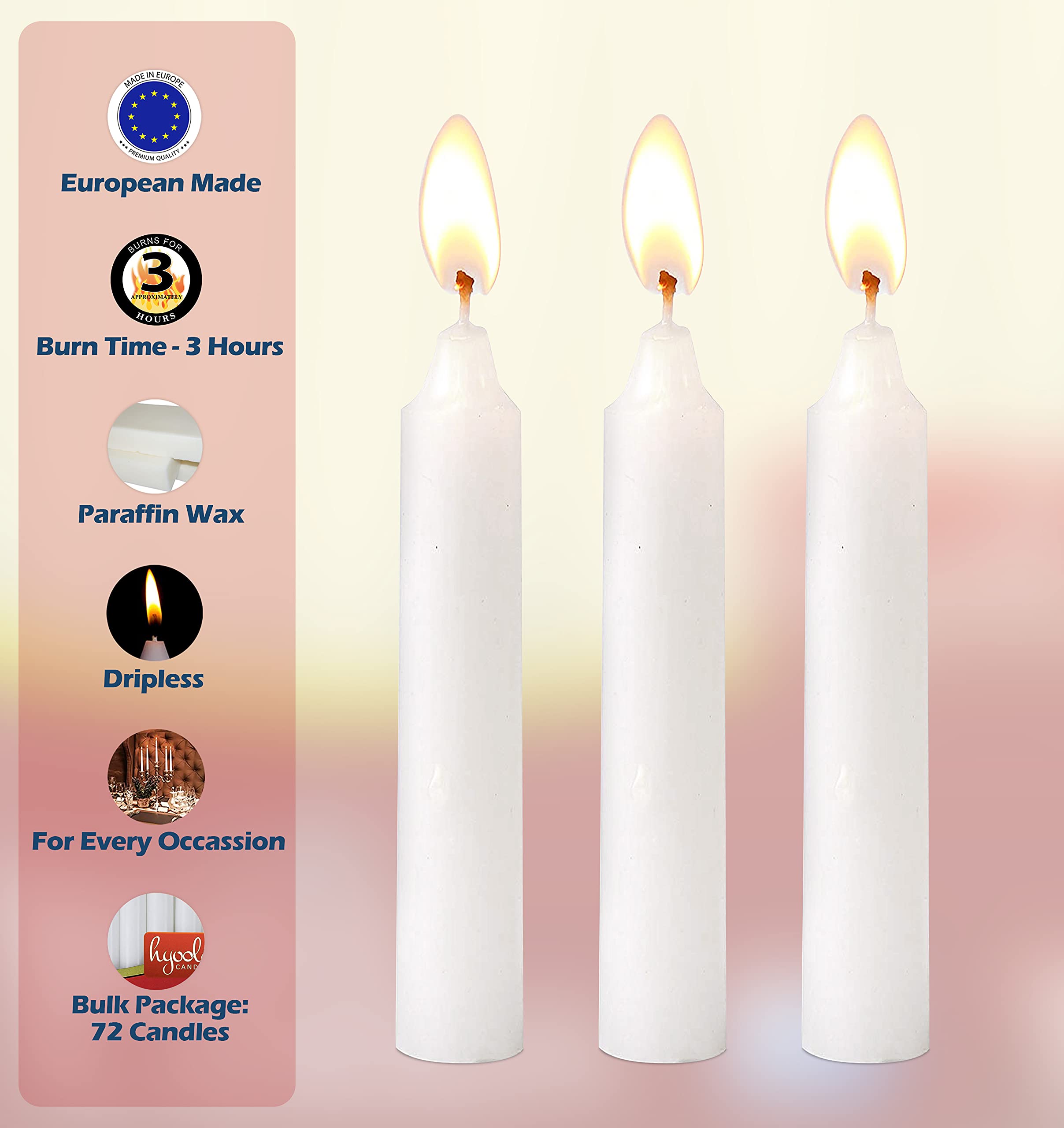Hyoola 4 Inch White Candles (10cm) - 72 Pack Short Candlesticks with 3 Hour Burn Time - Premium European Made for Weddings, Home Decor & Romantic Dinners