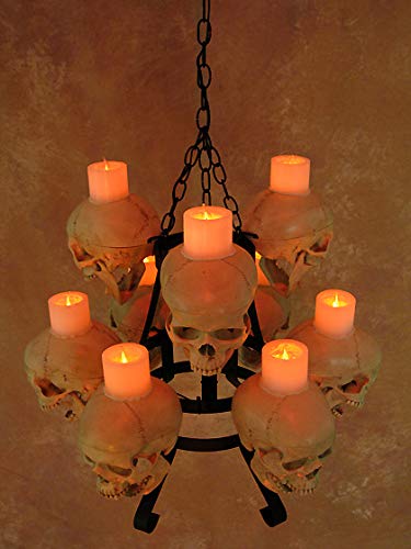 Two-Tiered Skull Metal Chandelier with 9 Skulls & Wax Candles - Gothic Home Decor for Dining Room, Living Room, or Halloween Party Lighting