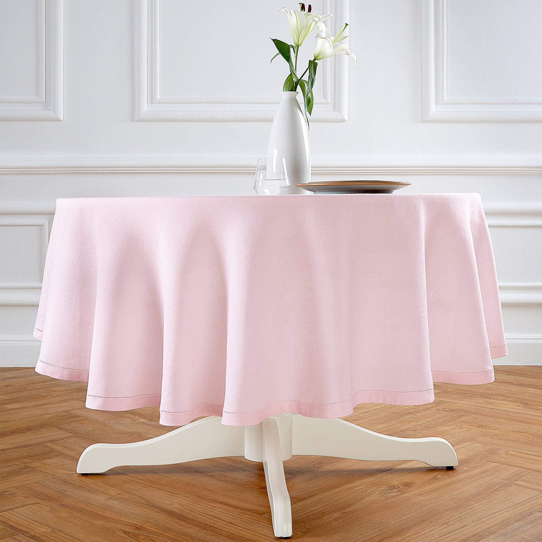 Sonoma Hemstitch Round Tablecloth - 60 Inch White Linen Table Cover for Dining, Parties & Special Events | Elegant & Durable Home Decor