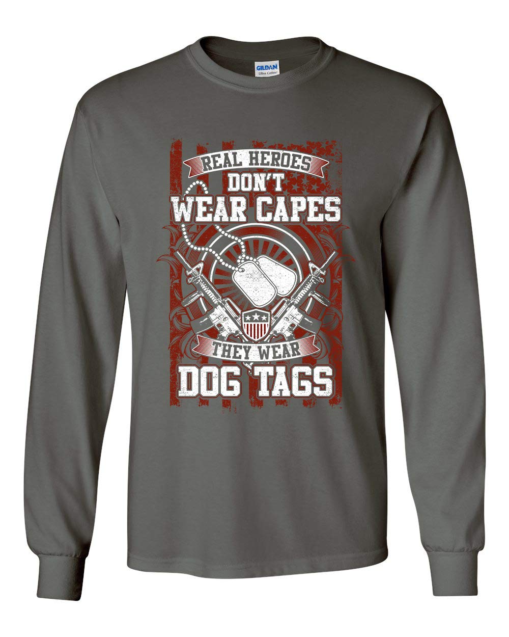 US Military Real Heroes Don't Wear Capes They Wear Dog Tags - Patriotic Unisex Long Sleeve T-Shirt for Men & Women | Veteran Apparel, Army Support Shirt for Everyday Wear & Military Events