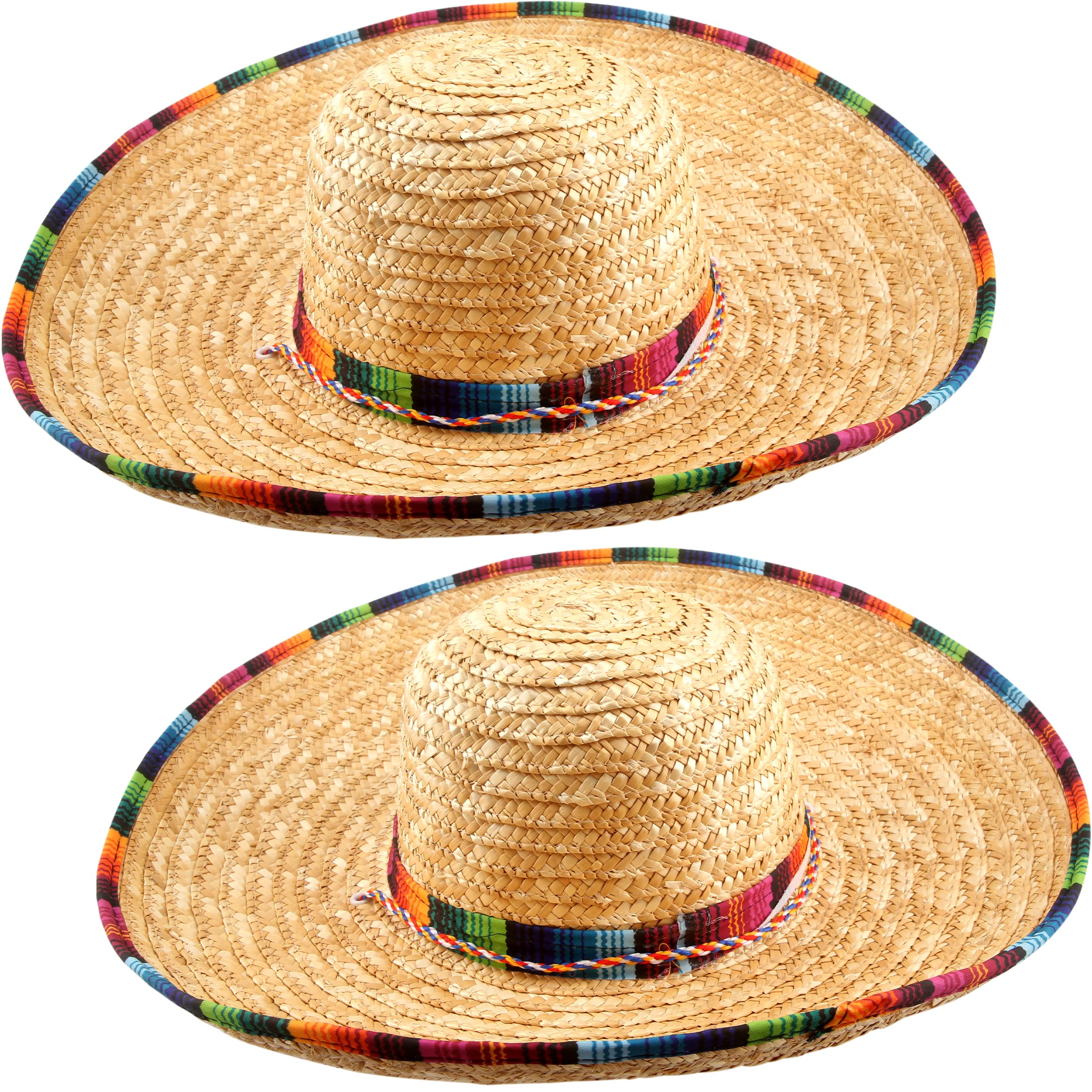 2 Packs Mexican Sombrero Hat with Colorful Serape Trim - Large Straw Fiesta Hat for Cinco de Mayo, Carnival, Mexican Theme Party & Costume Accessories - Perfect for Halloween, Fiesta Decorations and Photo Props