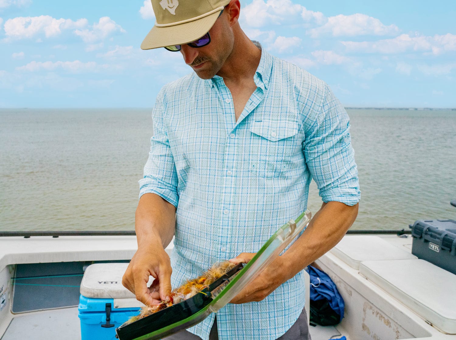 Performance Seersucker Fishing Shirt - Breathable & UV Protection - Light Blue Windowpane Design - Ideal for Outdoor Fishing, Boating & Summer Adventures