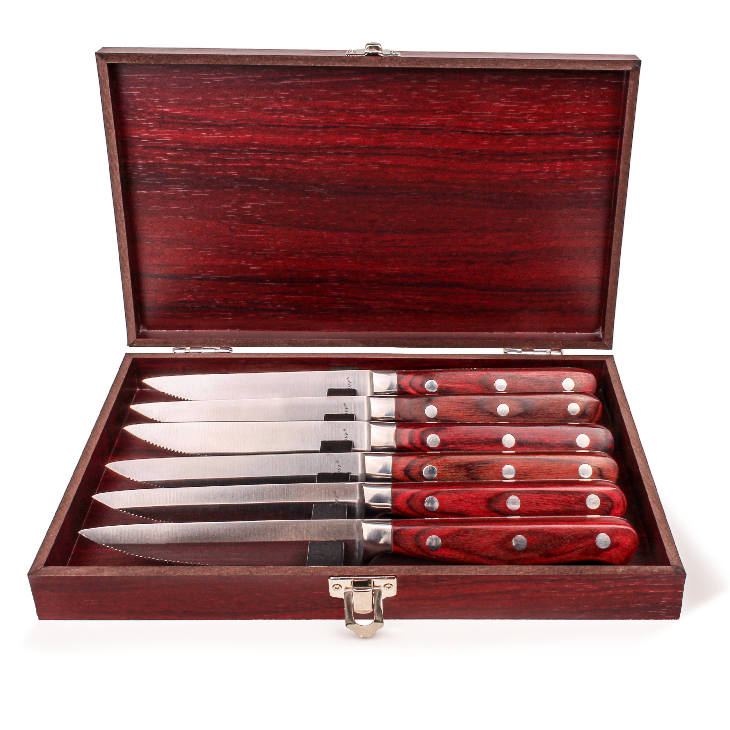 Premium BergHOFF Pakka Wood 14-Piece Stainless Steel Steak Knife Set with Wooden Storage Case - Perfect for Fine Dining, BBQ Parties & Gift Giving