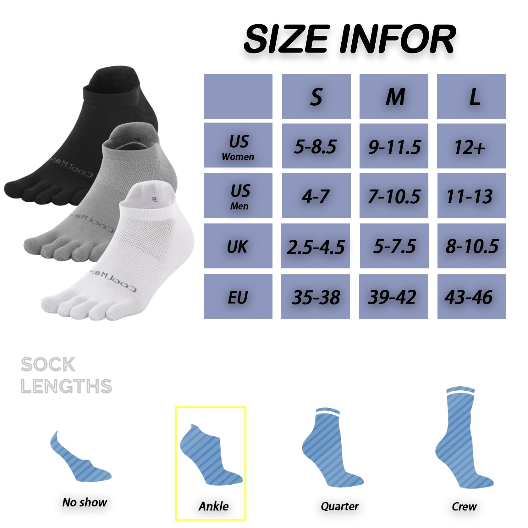 Coolmax Cushioned Toe Socks for Men & Women - 3 Pairs Breathable Five Finger Athletic Socks for Running, Yoga & Outdoor Activities